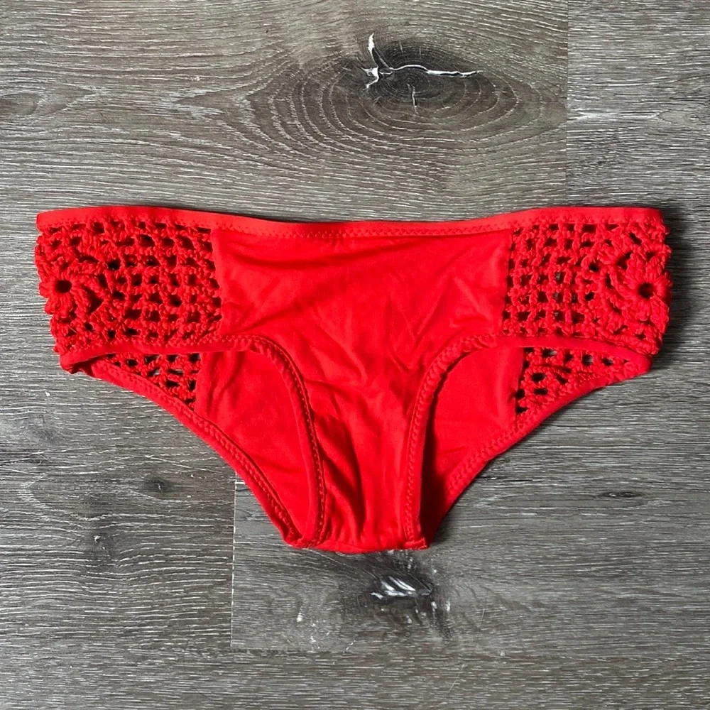Frankies Bikinis Lava Red Crochet Panel Bottoms